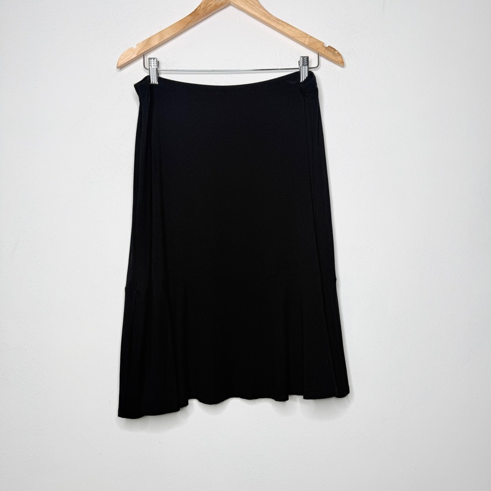 Eileen Fisher Women Large Black Rayon Lycra Stretch Midi Skirt Minimalist